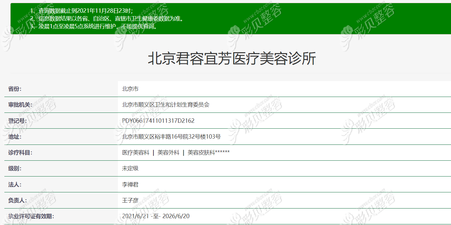 北京君容宜芳医疗美容门诊部资质正规