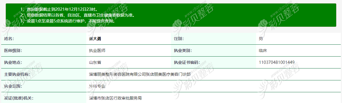 官方审核过的张大勇医生的执业资质