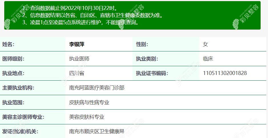 李银萍 南充阿蓝医疗美容门诊部